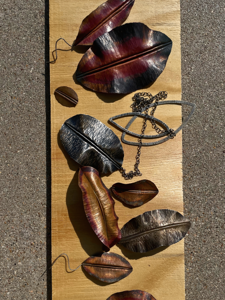 various samples of fold forming jewelry technique in leaf shape