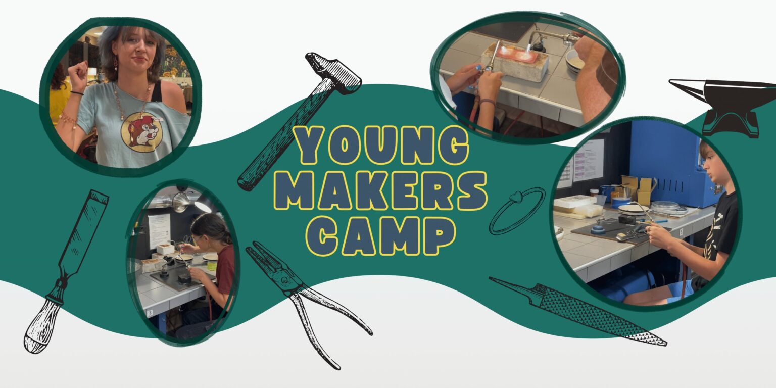 Banner for Young Makers Jewelry Camp in Austin. Images of kids in the studio making jewelry